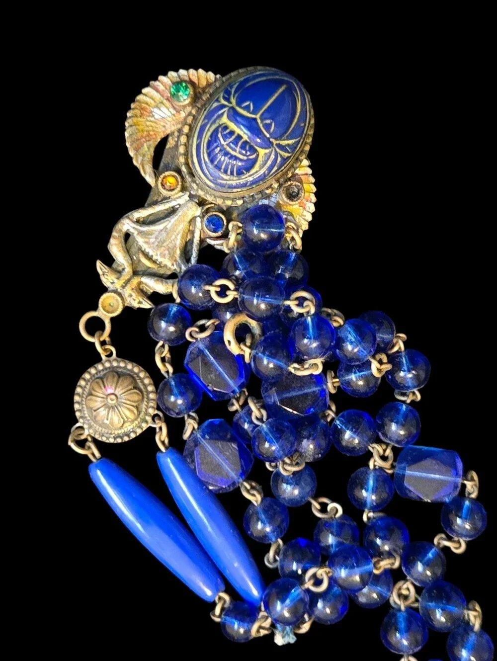 Egyptian Revival DECO Vtg NEIGER BROS Czech Blue GLASS Scarab PENDANT NECKLACE